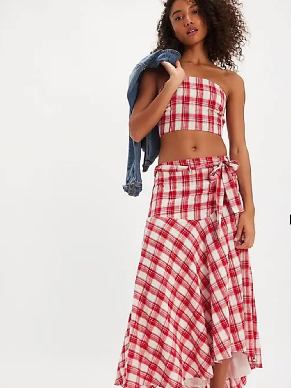 Free People Red and White Plaid Wrap Maxi Skirt Set